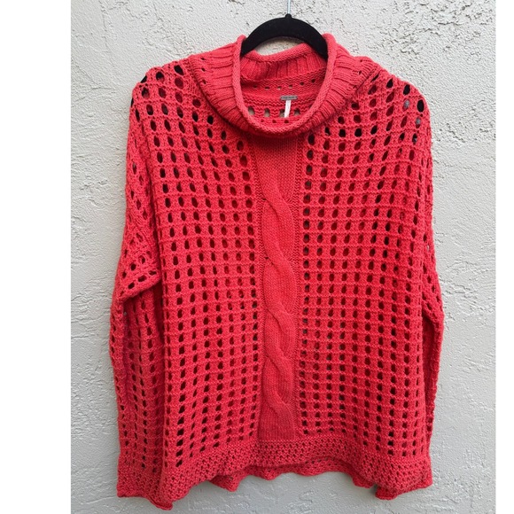 Free People Sweaters - Free People Red Crochet Cable Knit Sweater Boho Oversized Roll Neck